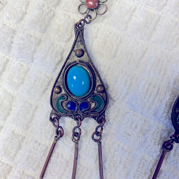 Metal with turquoise dangle earrings - Picture 2 of 3